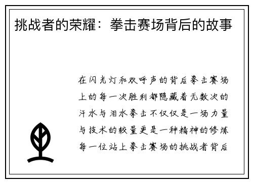 挑战者的荣耀：拳击赛场背后的故事